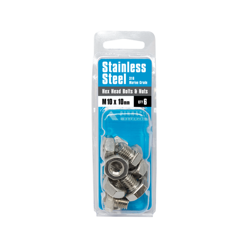 Pinnacle M10 x 10mm Stainless Steel Hex Head Bolts And Nuts - 6 Pack